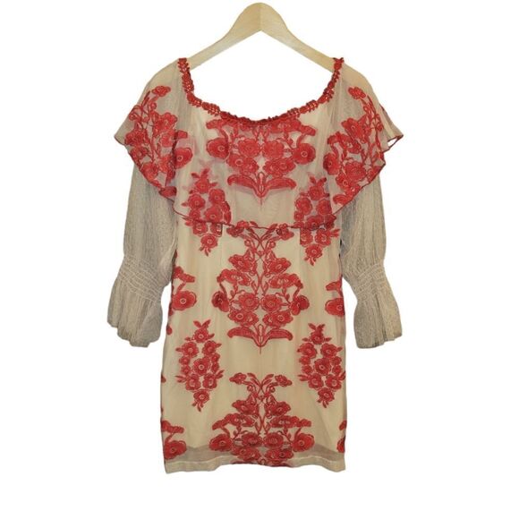 Forever Unique Rosier Frill Lace Foral Embroidered Holiday Dress Red Nude Tan 12 - Picture 3 of 11